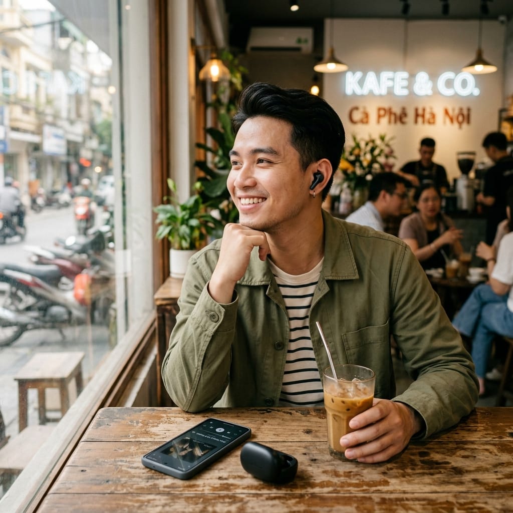 Người dùng trải nghiệm tai nghe Bluetooth giá khoảng 170K trong quán cà phê