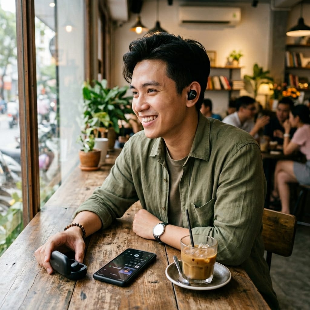 Người dùng đeo tai nghe ANC giá rẻ trong môi trường nhiều tiếng ồn