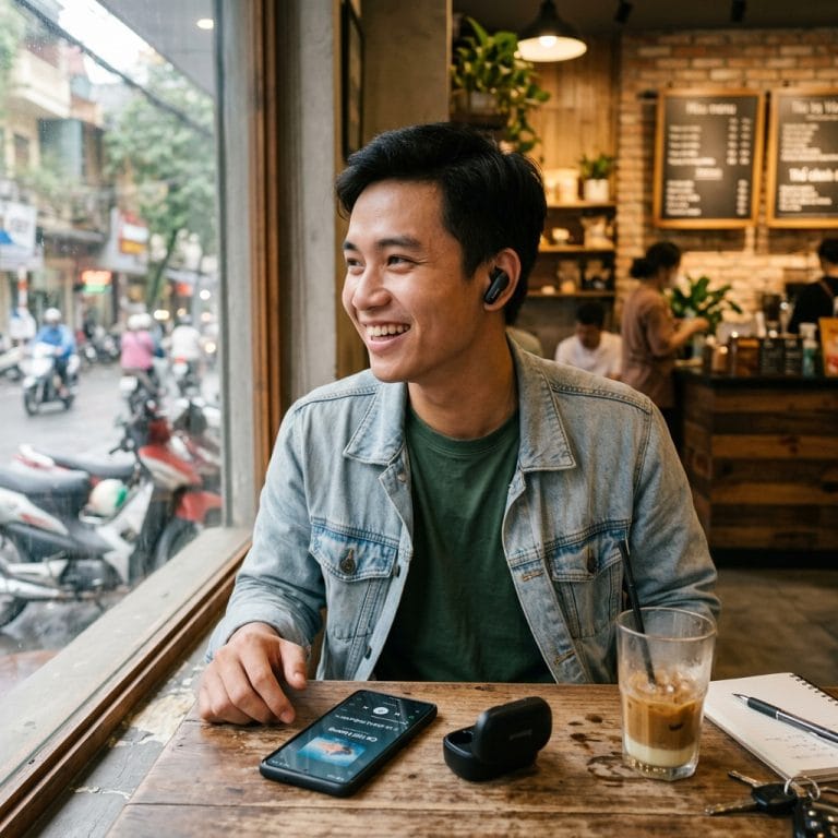 Người dùng sử dụng tai nghe Bluetooth A10 Ultimate thời lượng pin dài