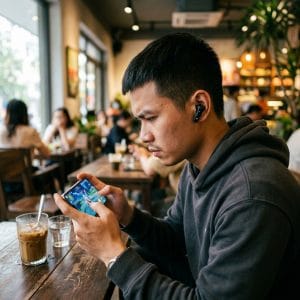 Người dùng chơi game bằng tai nghe Bluetooth giảm delay trên điện thoại