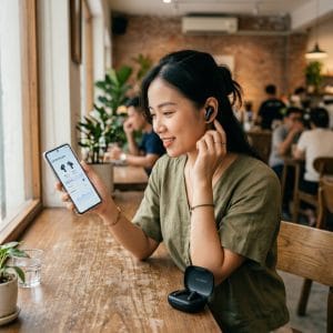 Người dùng điều khiển tai nghe Bluetooth bằng app trên điện thoại