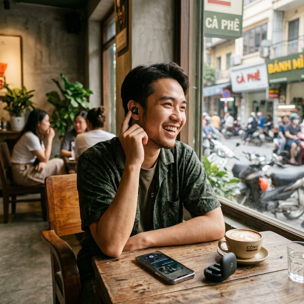 Người dùng trải nghiệm tai nghe Bluetooth giá rẻ trong quán cà phê hiện đại