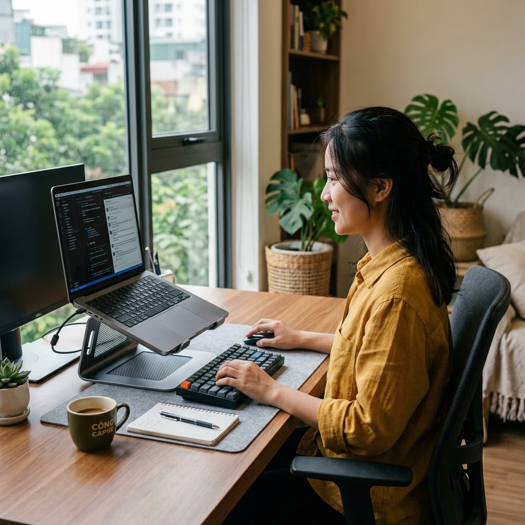 Laptop đặt trên giá đỡ kim loại giúp tản nhiệt hiệu quả hơn