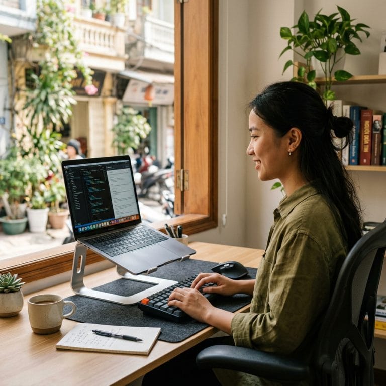 Người dùng laptop với tư thế ngồi đúng và giá đỡ nâng màn hình