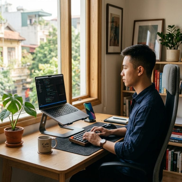 Người làm việc với laptop trên giá đỡ giúp giảm đau lưng và cổ