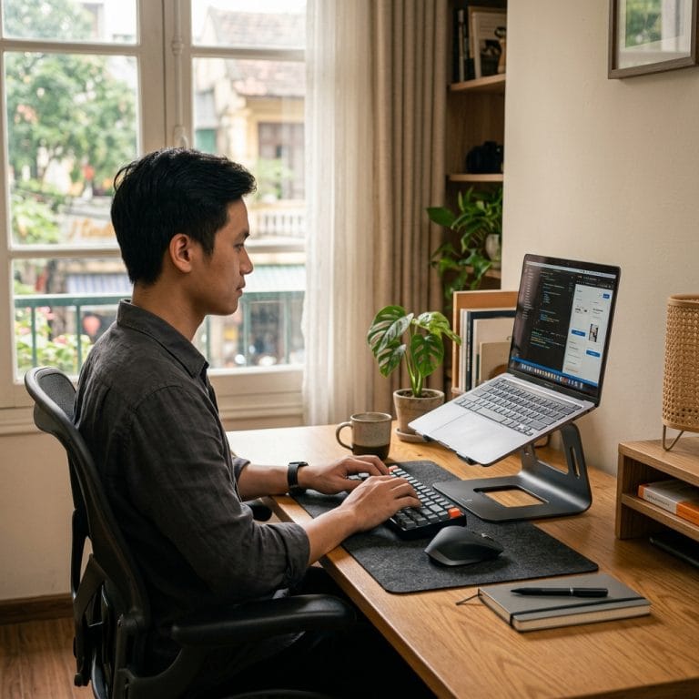 Laptop trên giá đỡ giúp bàn làm việc nhỏ gọn gàng và hiện đại hơn