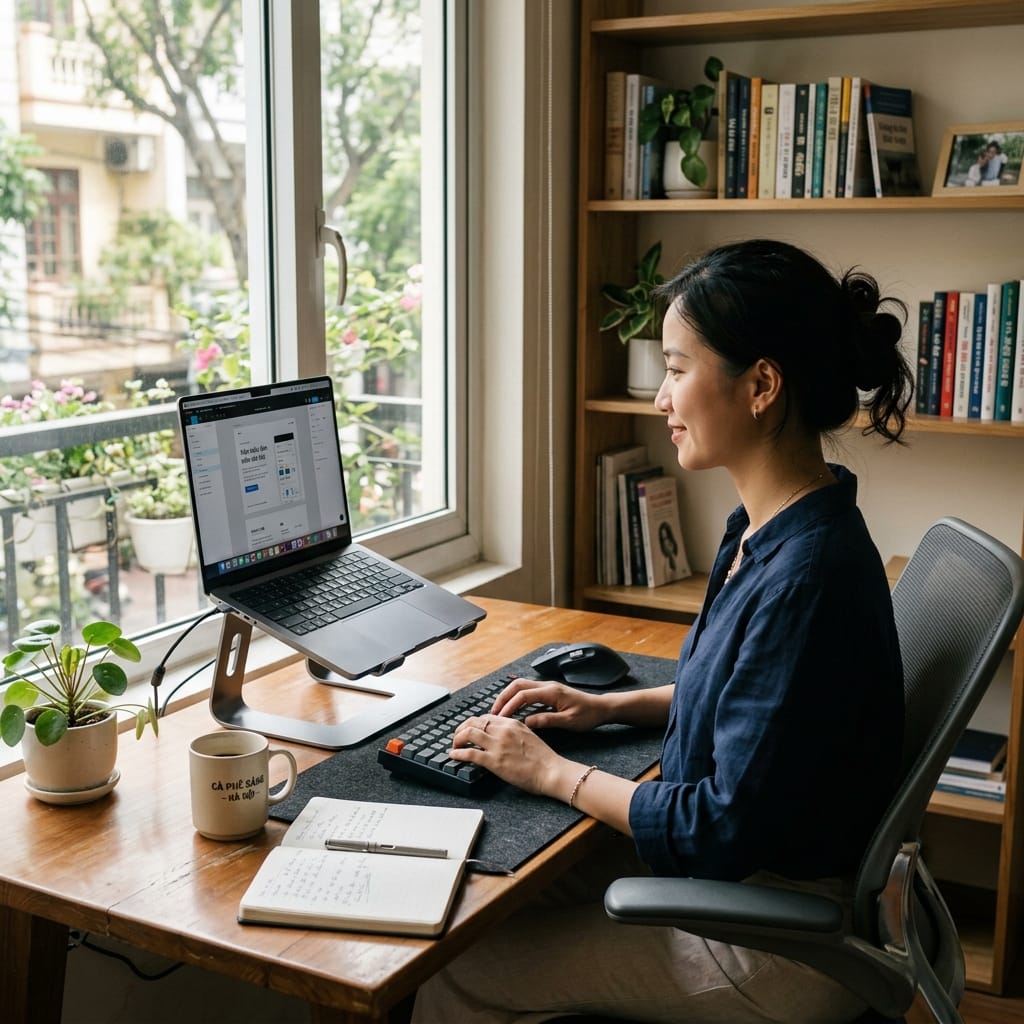 Giá đỡ laptop kim loại chắc chắn trong setup bàn làm việc hiện đại