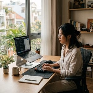 Giá đỡ laptop kim loại xoay 360 độ trong góc làm việc hiện đại