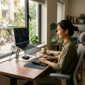 Laptop đặt trên giá đỡ kim loại giúp lưu thông khí và tản nhiệt tốt hơn
