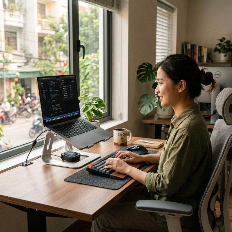 Laptop đặt trên giá đỡ kim loại giúp lưu thông khí và tản nhiệt tốt hơn