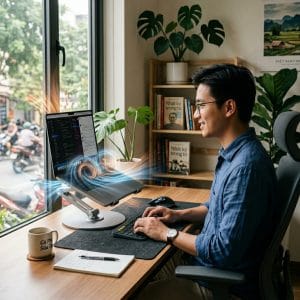 Giá đỡ laptop kim loại chắc chắn giúp thao tác ổn định khi làm việc