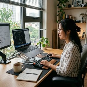 MacBook đặt trên giá đỡ kim loại trong góc làm việc hiện đại
