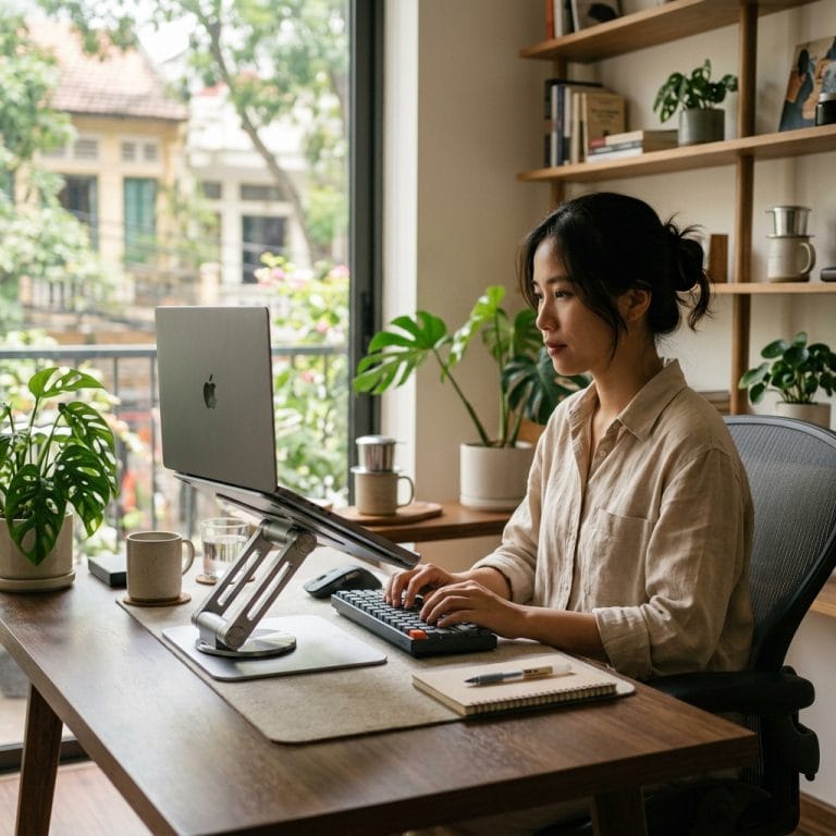 Giá đỡ laptop kim loại cao cấp trong góc làm việc hiện đại
