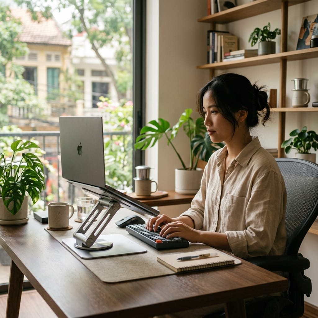 Giá đỡ laptop kim loại cao cấp trong góc làm việc hiện đại