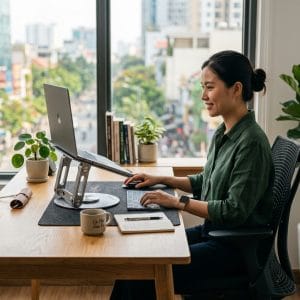 Giá đỡ laptop xoay 360 độ bằng kim loại trong góc làm việc hiện đại