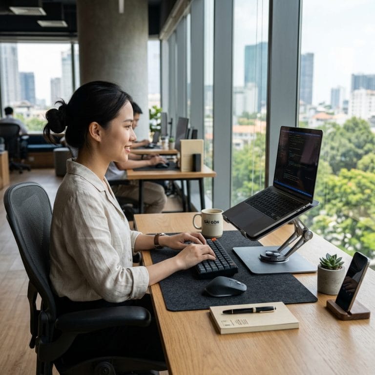 Giá đỡ laptop kim loại cao cấp trong góc làm việc hiện đại và gọn gàng