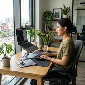 Laptop đặt trên giá đỡ kim loại có đệm silicone chống trầy xước