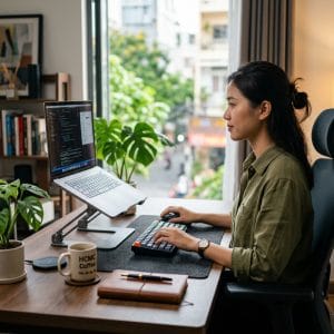 Giá đỡ laptop xoay 360 độ kim loại chắc chắn trong góc làm việc hiện đại