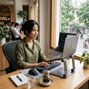 Người làm việc lâu với laptop trên giá đỡ kim loại xoay 360 độ