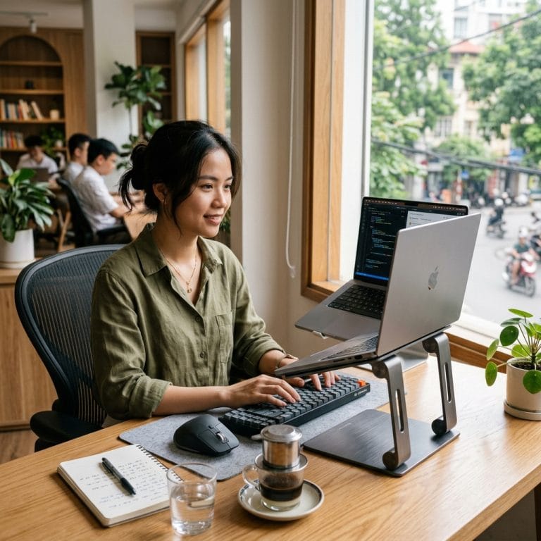 Người làm việc lâu với laptop trên giá đỡ kim loại xoay 360 độ
