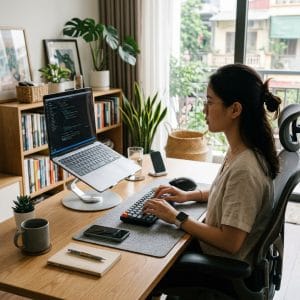 Giá đỡ laptop kim loại chắc chắn trong góc làm việc hiện đại