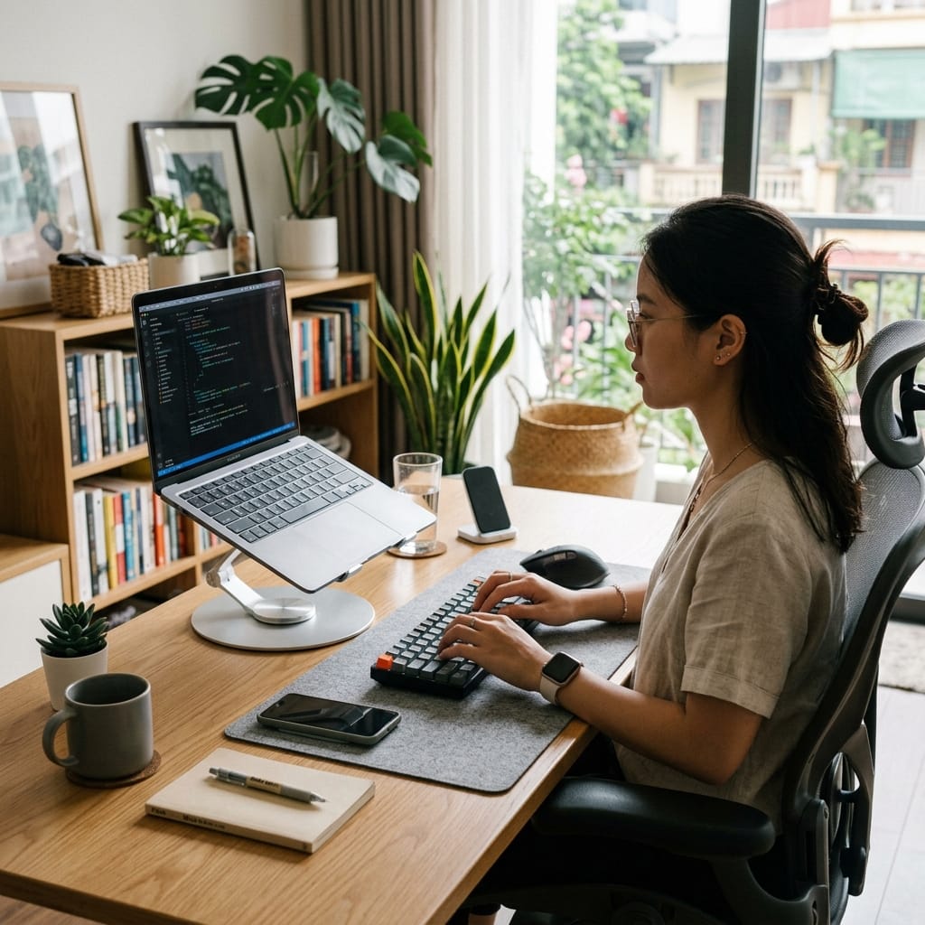 Giá đỡ laptop kim loại chắc chắn trong góc làm việc hiện đại