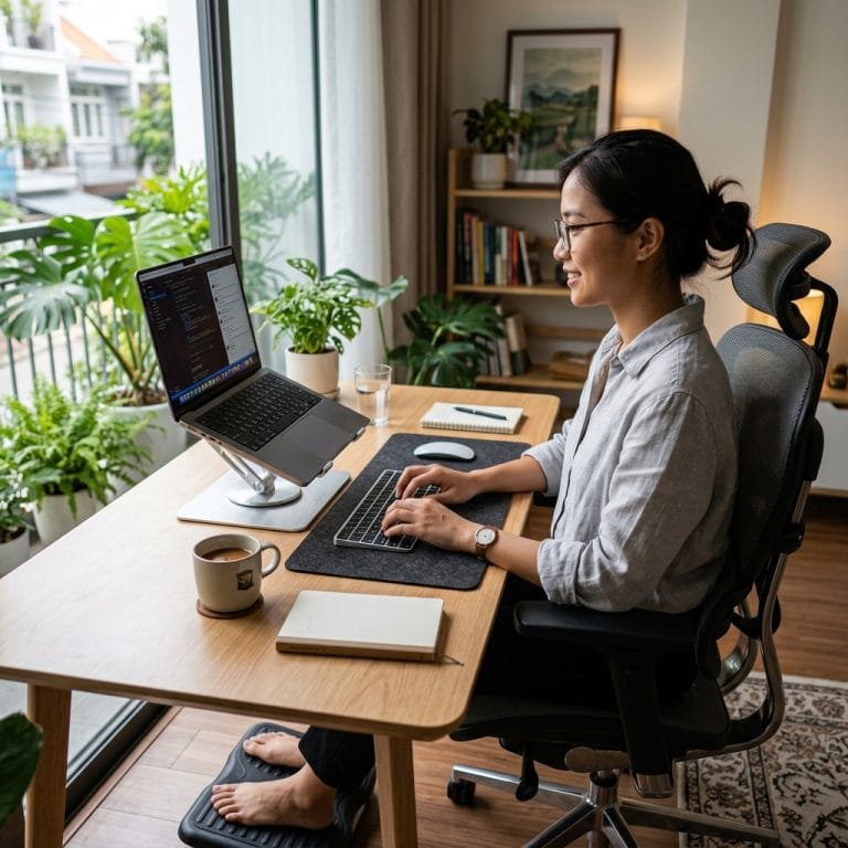 Giá đỡ laptop kim loại trong góc làm việc hiện đại và gọn gàng