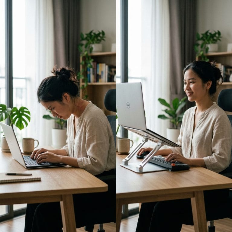 Người dùng laptop cúi cổ khi làm việc trên bàn làm việc hiện đại