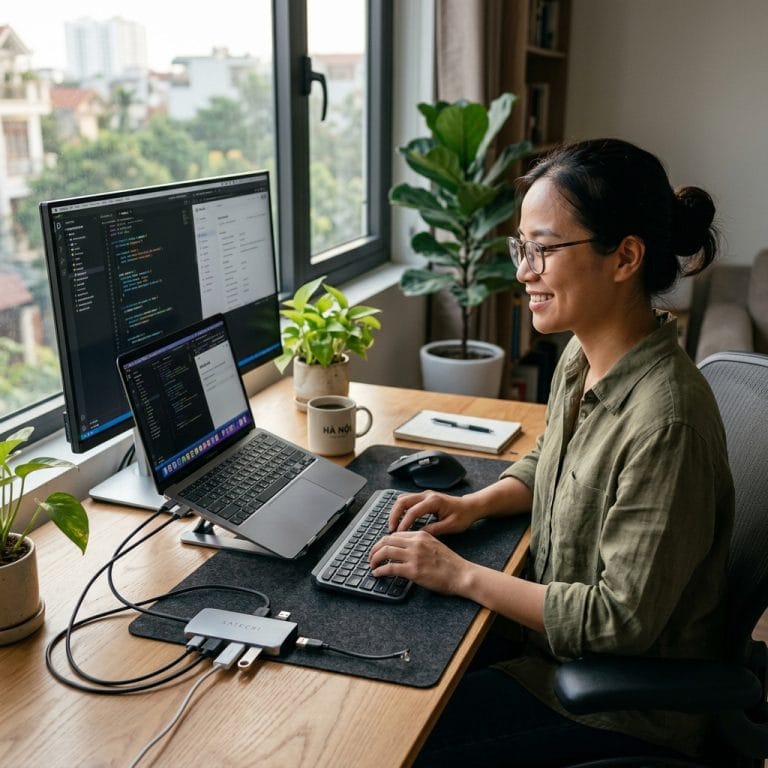 Người dùng laptop kết nối nhiều thiết bị bằng hub USB-C đa năng