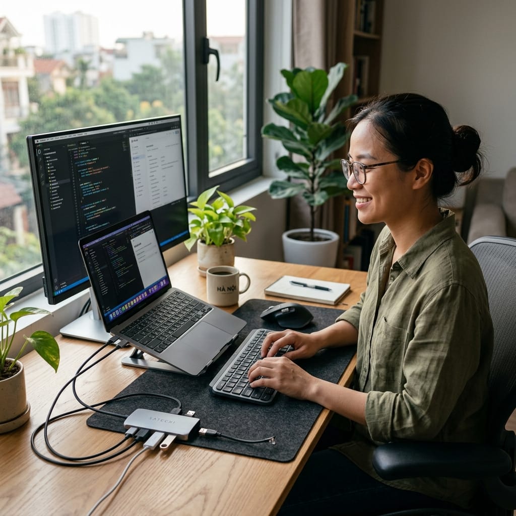 Người dùng laptop kết nối nhiều thiết bị bằng hub USB-C đa năng