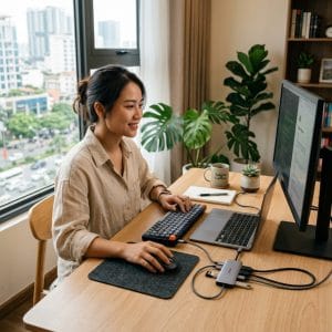 Laptop kết nối hub USB-C vừa sạc vừa dùng nhiều thiết bị ngoại vi