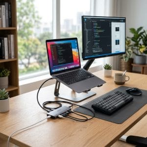 MacBook Air kết nối hub USB-C với nhiều thiết bị ngoại vi