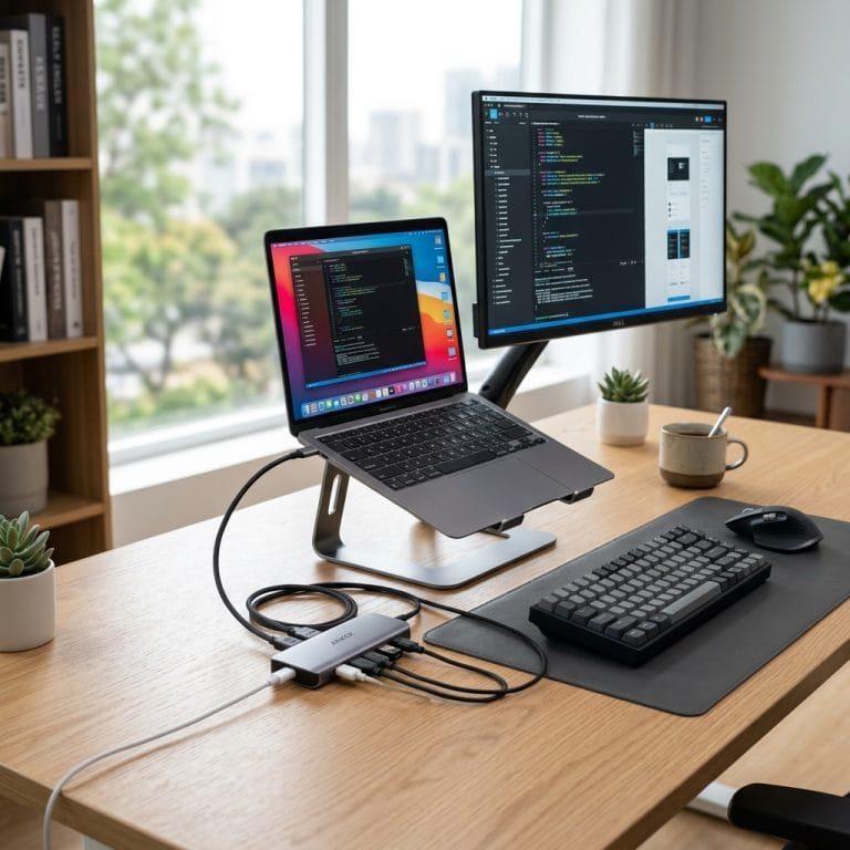 MacBook Air kết nối hub USB-C với nhiều thiết bị ngoại vi
