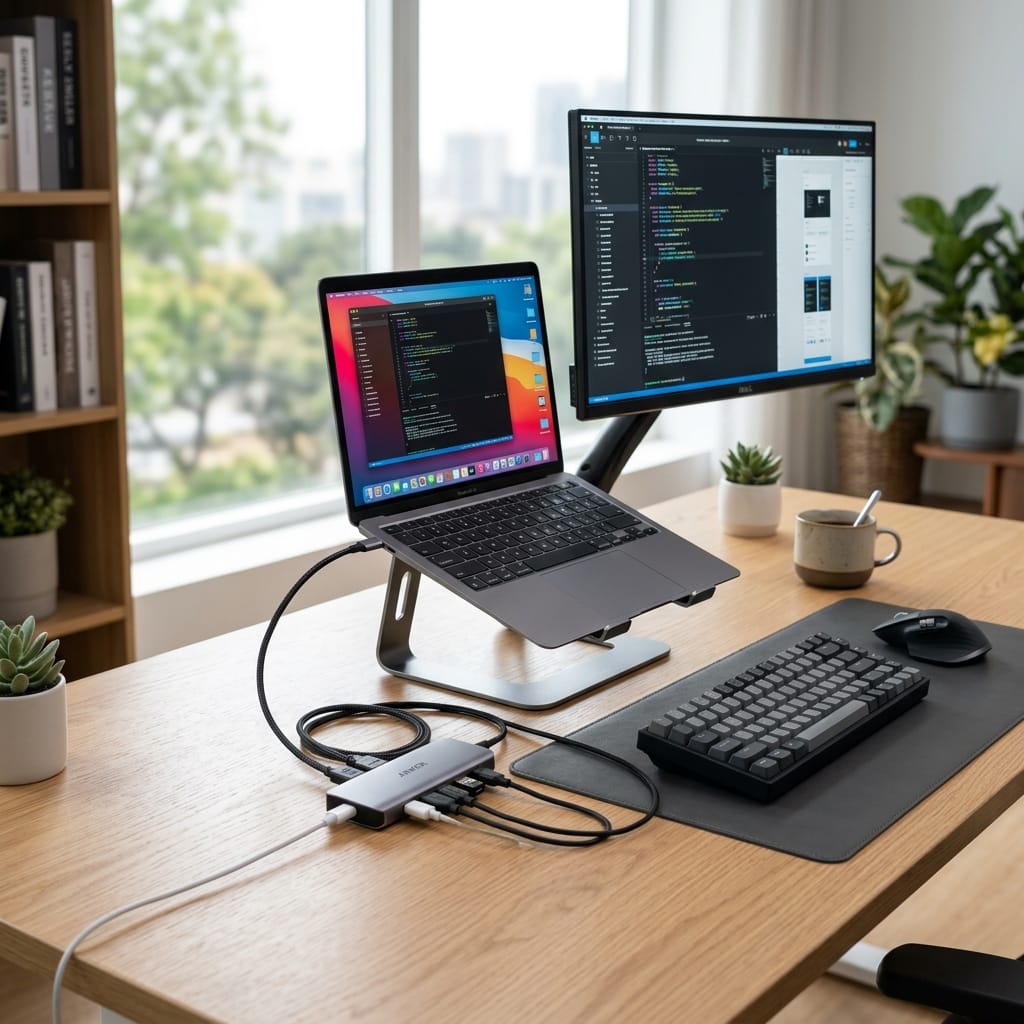 MacBook Air kết nối hub USB-C với nhiều thiết bị ngoại vi