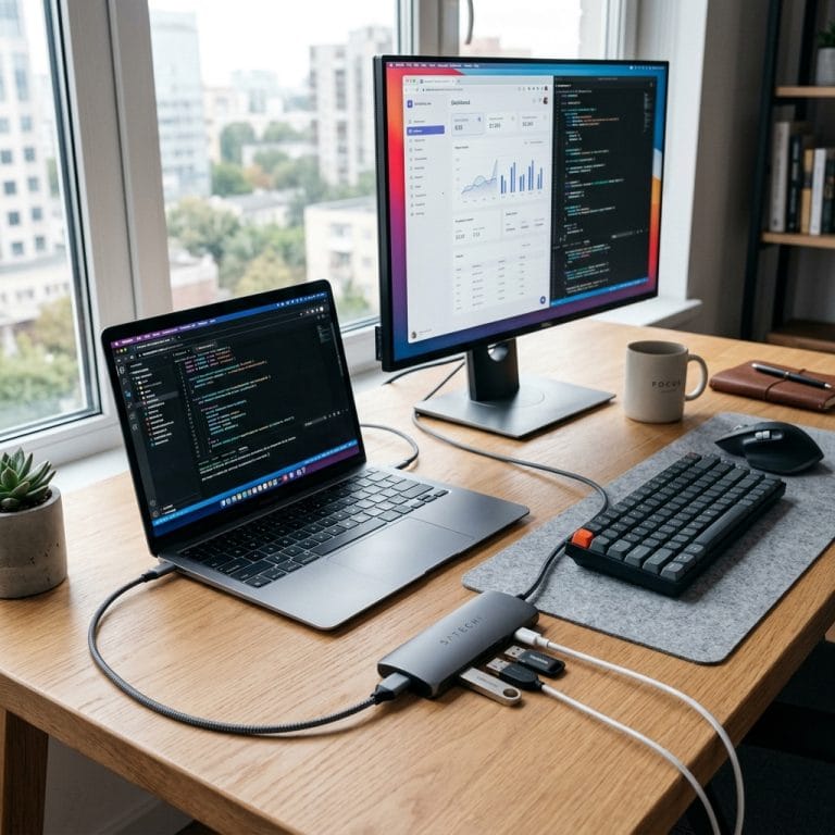 Người dùng MacBook sử dụng hub USB-C với nhiều thiết bị kết nối