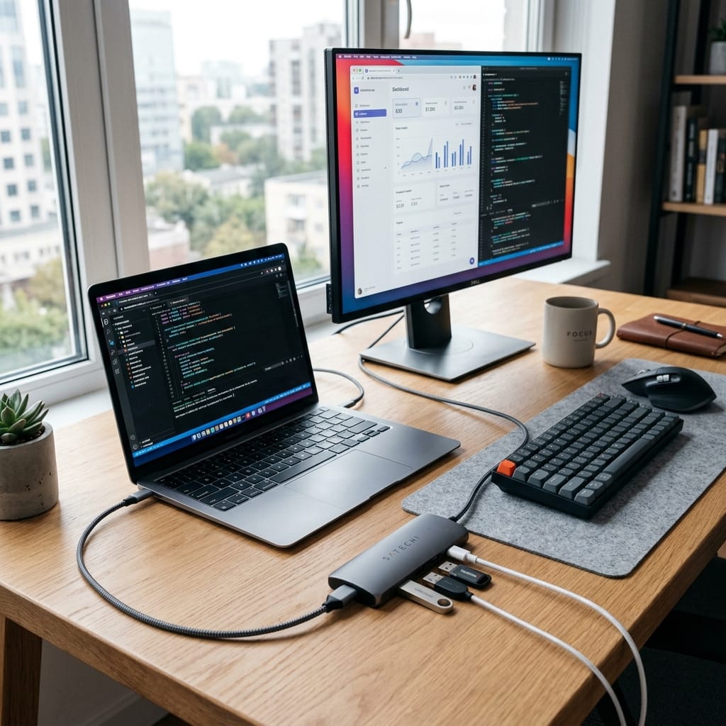 Người dùng MacBook sử dụng hub USB-C với nhiều thiết bị kết nối