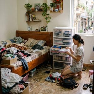 Phòng trọ nhỏ sử dụng tủ nhiều ngăn để lưu trữ đồ gọn gàng