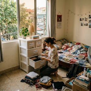 Phòng nhỏ sử dụng tủ nhiều ngăn để lưu trữ đồ gọn gàng hơn