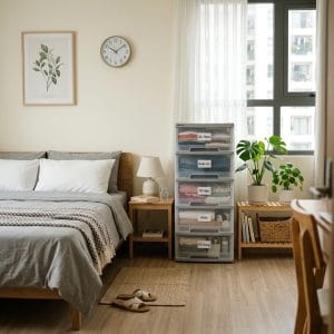 Tủ nhựa 5 tầng chứa quần áo gọn gàng trong phòng ngủ nhỏ