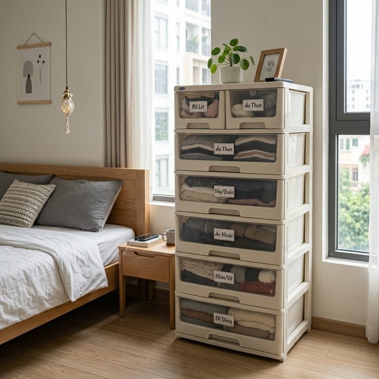 Tủ nhựa nhiều ngăn chứa quần áo và đồ dùng gọn gàng trong phòng ngủ