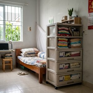 Tủ nhựa nhiều ngăn trong phòng ngủ nhỏ hiện đại và gọn gàng