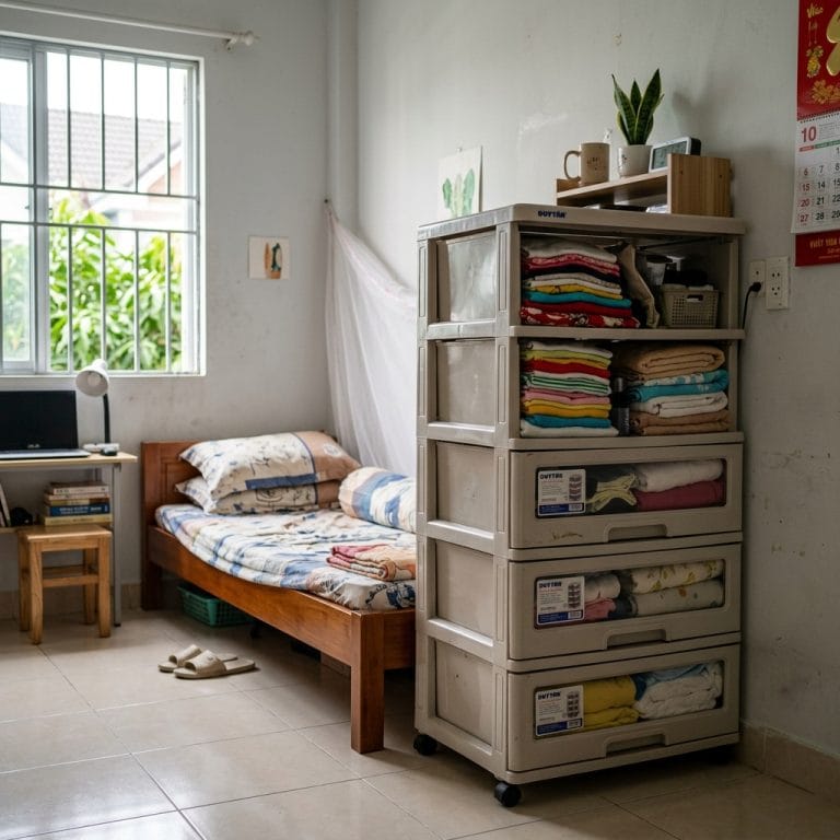 Tủ nhựa nhiều ngăn trong phòng ngủ nhỏ hiện đại và gọn gàng
