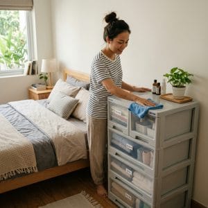 Tủ nhựa nhiều ngăn sạch sẽ trong phòng ngủ nhỏ hiện đại và gọn gàng
