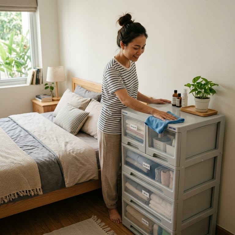 Tủ nhựa nhiều ngăn sạch sẽ trong phòng ngủ nhỏ hiện đại và gọn gàng