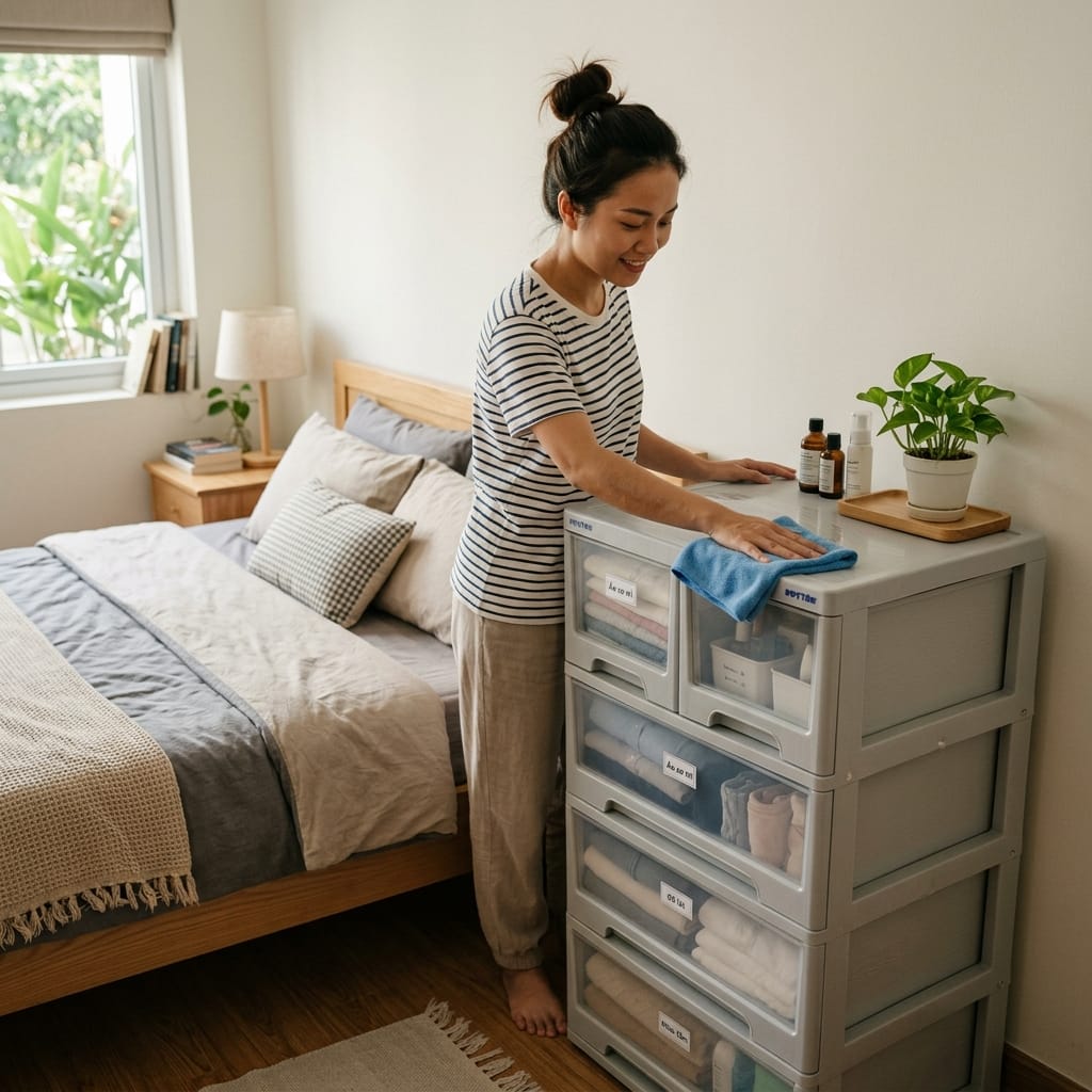 Tủ nhựa nhiều ngăn sạch sẽ trong phòng ngủ nhỏ hiện đại và gọn gàng