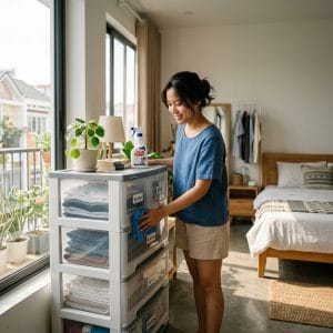 Phòng ngủ nhỏ gọn gàng hơn sau khi sắp xếp bằng tủ nhiều ngăn