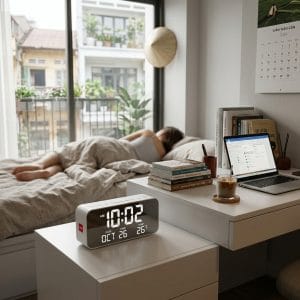 Đồng hồ để bàn hiển thị nhiệt độ và thời gian trong phòng ngủ