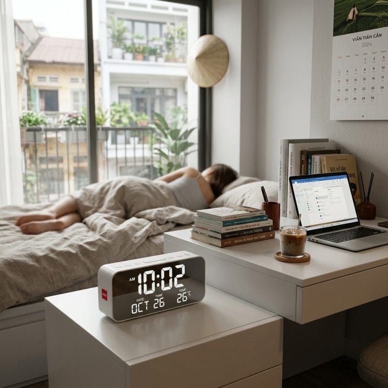 Đồng hồ để bàn hiển thị nhiệt độ và thời gian trong phòng ngủ