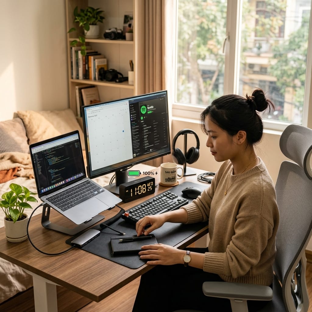 Đồng hồ để bàn hỗ trợ dùng pin và cắm điện linh hoạt