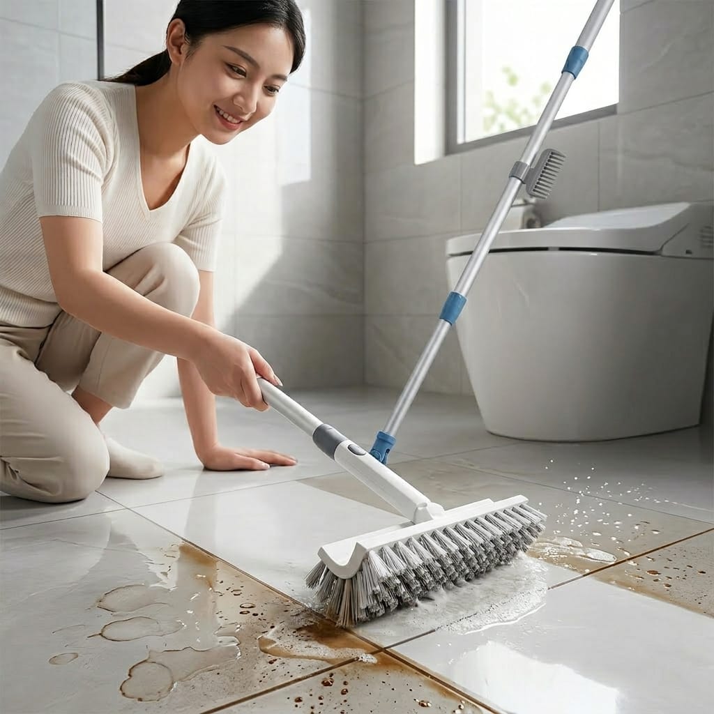 Người đang chà ron gạch sạch nhanh tại nhà bằng cây chà sàn cán dài